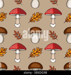 Seamless vector pattern featuring hand-drawn illustrations of red toadstools, brown mushrooms, and autumn leaves on a beige background, creating a cha Stock Vector