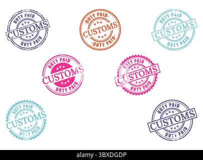 A Customs Duty Paid Rubber Stamp Collection, Import Tax Seal Vector Set Stock Vector