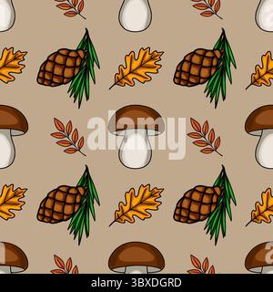 Seamless vector pattern featuring hand-drawn autumnal elements: brown mushrooms, pine cones, oak leaves, and sprigs of pine needles, set against a mut Stock Vector