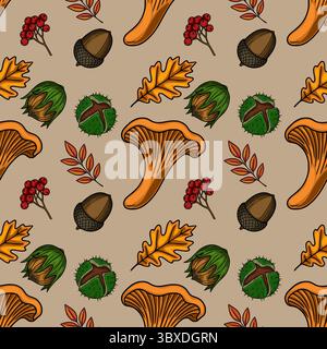 Seamless vector pattern featuring vibrant autumnal elements: chanterelle mushrooms, acorns, chestnuts, oak leaves, and berries, creating a rich and de Stock Vector