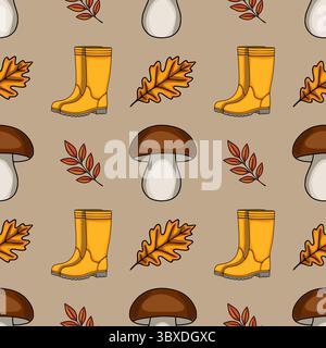 Seamless vector pattern featuring autumnal elements: yellow rubber boots, brown mushrooms, oak leaves, and red-orange branches, creating a charming an Stock Vector