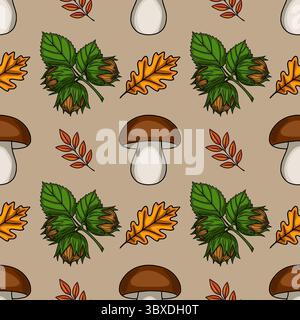 Seamless vector pattern with hand-drawn illustrations of mushrooms, hazelnuts, oak leaves, and autumn branches on a beige background, creating a charm Stock Vector