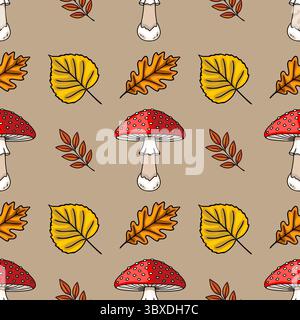 Seamless vector pattern featuring hand-drawn illustrations of vibrant red toadstools with white dots, interspersed with autumnal yellow and orange lea Stock Vector