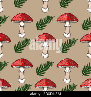 Seamless vector pattern featuring hand-drawn illustrations of vibrant red toadstools with white dots and lush green fern leaves on a muted beige backg Stock Vector