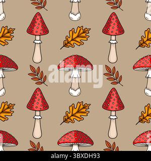 Seamless vector pattern featuring hand-drawn illustrations of red toadstools, oak leaves, and autumnal branches on a beige background, creating a char Stock Vector