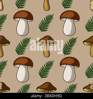 Seamless vector pattern featuring hand-drawn illustrations of brown mushrooms and green fern leaves on a beige background, creating a nature-inspired Stock Vector