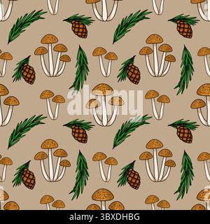 Seamless vector pattern featuring clusters of brown mushrooms, pine cones, and fir branches on a beige background, creating a charming autumnal forest Stock Vector