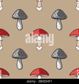 Seamless vector pattern featuring hand-drawn illustrations of red fly agaric and grey mushrooms on a beige background, creating a whimsical autumnal d Stock Vector