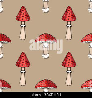 Seamless vector pattern featuring whimsical hand-drawn illustrations of red toadstools with white spots, alternating between classic and stylized shap Stock Vector