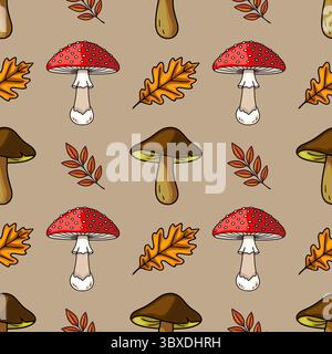 Seamless vector pattern featuring hand-drawn illustrations of red toadstools, brown mushrooms, oak leaves, and autumn branches on a muted beige backgr Stock Vector