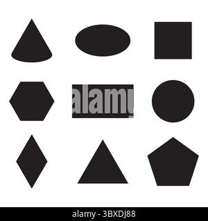 Geometric shapes set. Black solid forms. Basic figure collection. Vector education illustration. Stock Vector