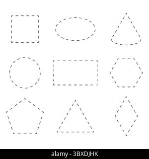 Dashed line shapes. Geometric outline forms. Basic figure pattern. Vector education illustration. Stock Vector