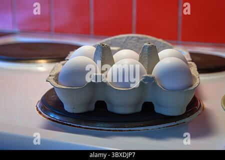 Six row chicken eggs in the recycled cardboard carton box on the black cooking plate of a white electric stove. Selective focus Stock Photo