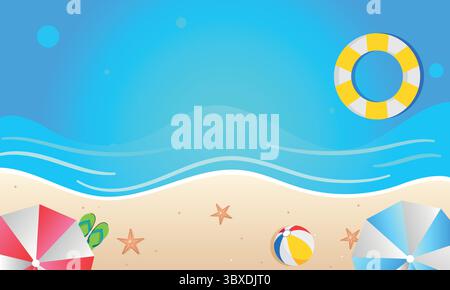 Beautiful Summer beach scene with copy space for your text, Holiday or vacation concept with parasols, star fish, sand and ocean Stock Vector