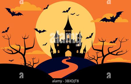 Haunted castle halloween style banner, creepy old halloween mansion with bats flying Stock Vector