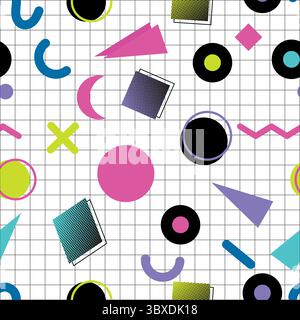 Retro 80s style minimal sealmless pattern, geometric shapes background in a retro style colour scheme Stock Vector