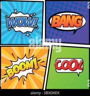 Colourful comic book explanation words background with halftone patterns, popart style cloud explosion or speech bubble Stock Vector