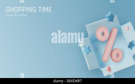 Modern 3D render of discount concept with percent sign inside a open box on a gradient background. Great for e-commerce promotions and sales design Stock Vector