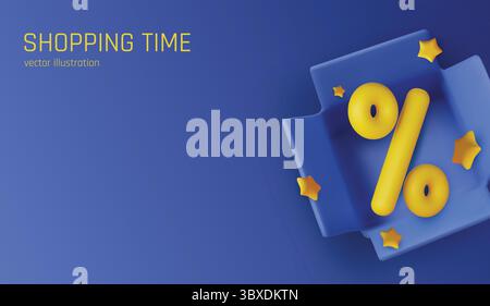 Modern 3D render of discount concept with percent sign inside a blue open box on a gradient background. Great for e-commerce promotions and sales Stock Vector