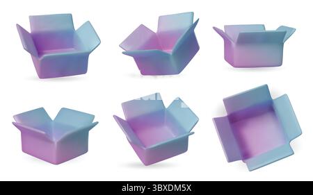 Collection of isometric open boxes on white background. Ideal for delivery, shipping, packaging, and online store visuals. Stock Vector
