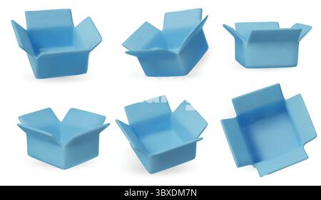 Collection of isometric open boxes on white background. Ideal for delivery, shipping, packaging, and online store visuals. Stock Vector