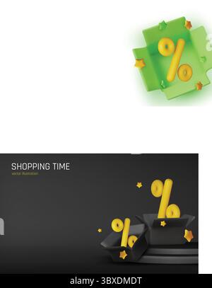 Modern 3D render of discount concept with percent sign inside a blue open box on a gradient background. Great for e-commerce promotions and sales Stock Vector