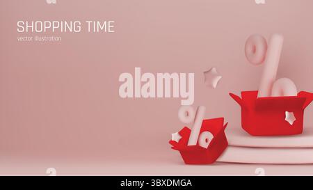 Modern 3D render of discount concept with percent sign inside a blue open box on a gradient background. Great for e-commerce promotions and sales Stock Vector