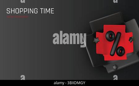 Modern 3D render of discount concept with percent sign inside a black open box on a gradient background. Great for e-commerce promotions and sales Stock Vector