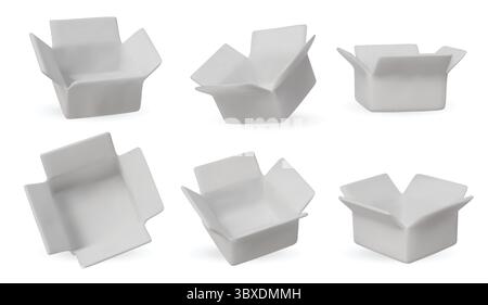 Collection of isometric white open boxes on white background. Ideal for delivery, shipping, packaging, and online store visuals. Stock Vector