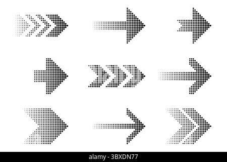 Dotted arrows collection. Halftone pointer icons. Directional vector symbols. Gradient arrow shapes. Stock Vector