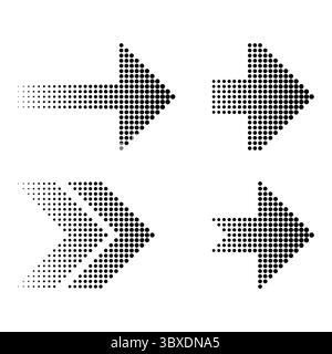 Halftone arrow set. Dotted direction icons. Pixel gradient Vector. Dynamic pointer symbols. Stock Vector