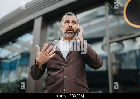 Businessman in a suit speaking on a phone showcasing communication and professionalism Stock Photo