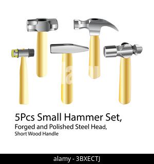 5Pcs Small Hammer Set, Forged and Polished Steel Head, Short Wood Handle Illustration Vol 01 Stock Vector
