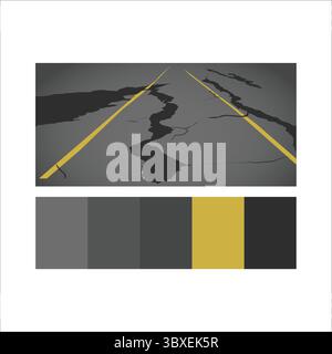 Asphalt Road Cracked and Broken from Earthquake. on white background vol 02 Stock Vector