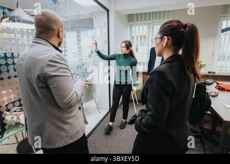Team collaborating on a workplace project with creative brainstorming on a glass wall Stock Photo