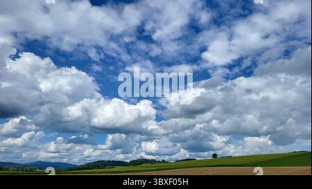 Dramatic cloud formation over meadow landscape with tree in background Stock Photo
