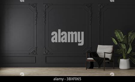 Room with armchair and green plant in pot with black wall with classic style mouldings and wooden floor, 3d render Stock Photo