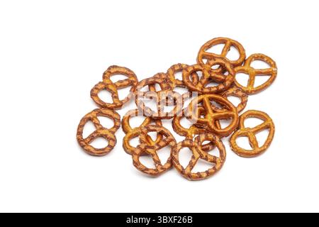 Salt pretzels isolated on white background. Salty snacks. Top view Stock Photo