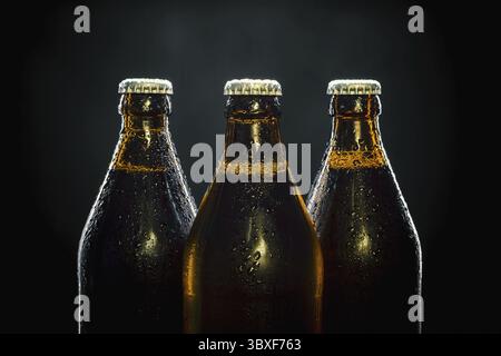 Three cool beer bottles on black background Stock Photo