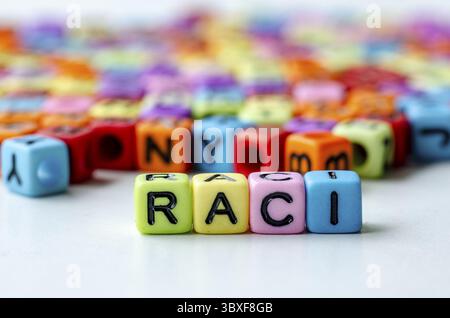 RACI text on colorful plastic beads surrounded with other beads representing responsible, Accountable, Consulted, and Informed Stock Photo