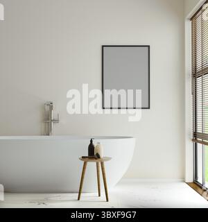 Poster frame mock up in modern bathroom interior with free stand bathtub near window, 3d rendering Stock Photo