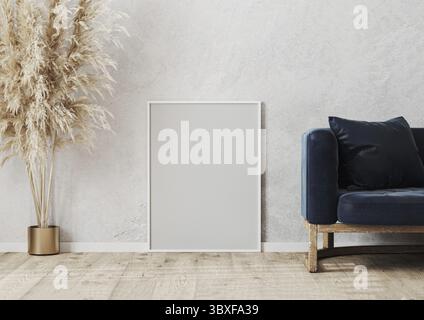 Empty white poster frame mockup on the wooden parquet near gray concrete wall in modern interior design scene with blue sofa, vase, 3d rendering Stock Photo