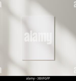Blank poster mock up with sunlight and window shadows on white wall background, 3d rendering Stock Photo
