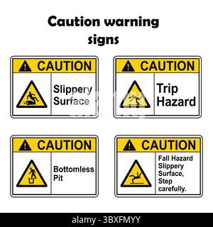 Caution Slippery Surface, Bottomless Pit, Trip Hazard, Fall Hazard Sign Illustration Vol 01 Stock Vector