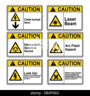 Caution Skin puncture Hydraulic Line, Overhead Cables, Live Busbars, Explosive Material, Electrical Closet, Irritant Sign Illustration Vol 03 Stock Vector