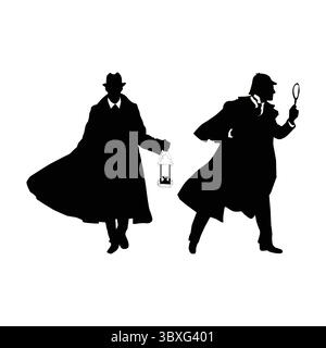 Detective Black Silhouette Man Gun illustration on white background Vol 03 Stock Vector