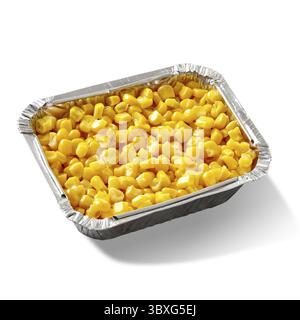 Closeup of appetizing sweet yellow boiled corn kernels in aluminium foil container isolated on white background. Delicious organic snack. Healthy take Stock Photo