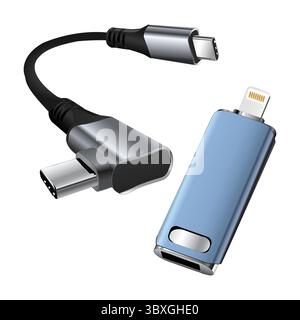 Flash Drive and USB Cable Iphon USB Cable Card Reader Illustration hand drawing on white background Vol 01 Stock Vector