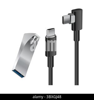 Flash Drive and USB Cable Iphon USB Cable Card Reader Illustration hand drawing on white background Vol 02 Stock Vector