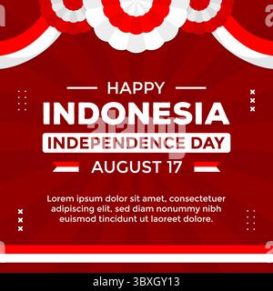 Indonesian Independence Day greetings on red background with Indonesian flag decorations suitable for social media posts Stock Vector